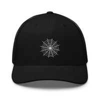 Black/ White trucker hat featuring Creepy Spiderweb Halloween Cobweb embroidered artwork, product image 2