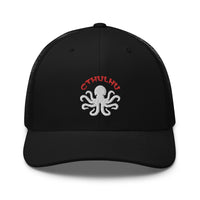 Black/ White trucker hat featuring Cthulhu The Elder Gods Embroidered Retro embroidered artwork, product image 2