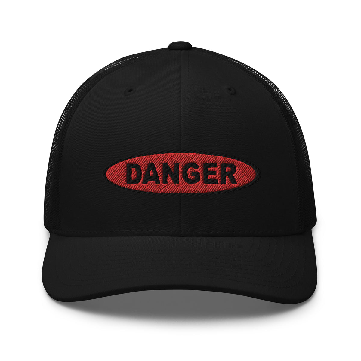 Black/ White trucker hat featuring Red Danger Warning Sign Embroidered Retro embroidered artwork, product image 2