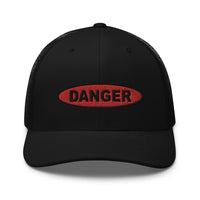 Black/ White trucker hat featuring Red Danger Warning Sign Embroidered Retro embroidered artwork, product image 2