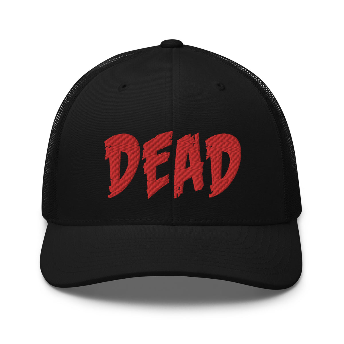 Black/ White trucker hat featuring Red Thread DEAD Emotional Depression embroidered artwork, product image 2