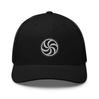 Black/ White trucker hat featuring White Deadly Swirl Spike Symbol embroidered artwork, product image 2