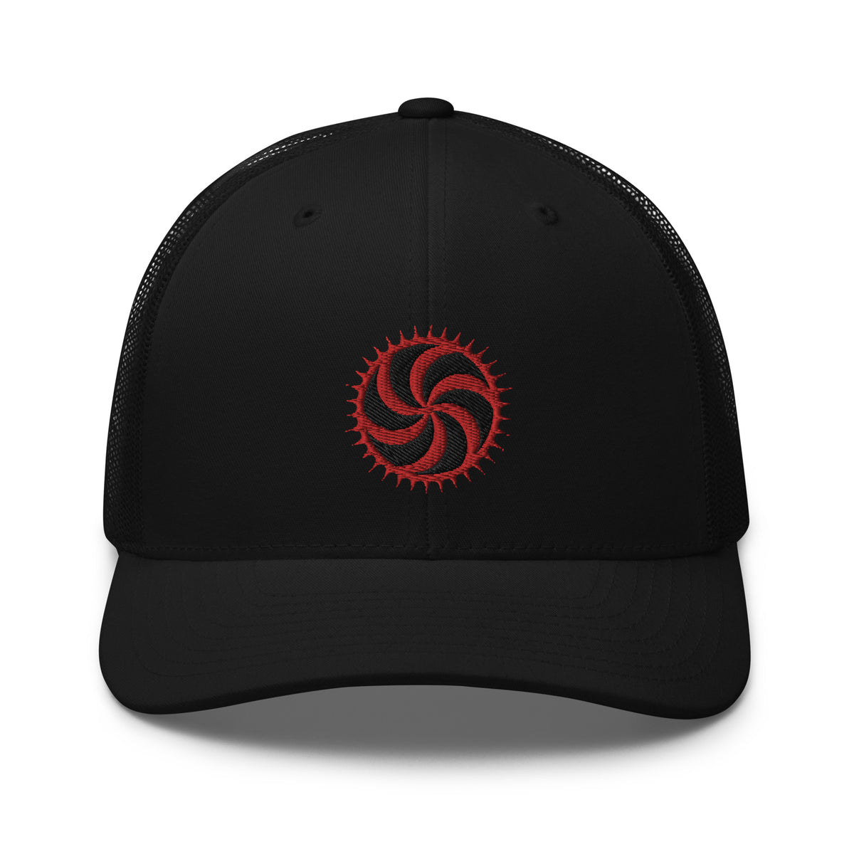Black/ White trucker hat featuring Red Deadly Swirl Spike Symbol embroidered artwork, product image 2