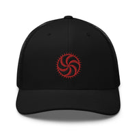 Black/ White trucker hat featuring Red Deadly Swirl Spike Symbol embroidered artwork, product image 2