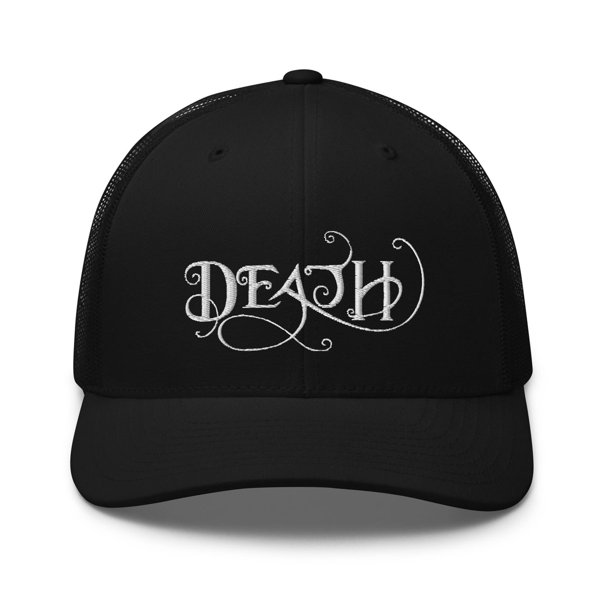 Black/ White trucker hat featuring Whimsical Death - This is the End embroidered artwork, product image 2