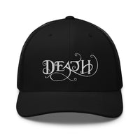 Black/ White trucker hat featuring Whimsical Death - This is the End embroidered artwork, product image 2