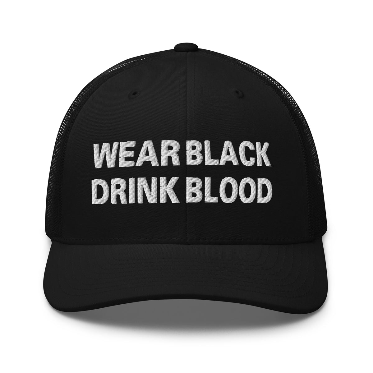 Navy/ White trucker hat featuring Wear Black Drink Blood embroidered artwork, product image 4