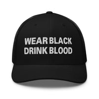 Navy/ White trucker hat featuring Wear Black Drink Blood embroidered artwork, product image 4