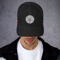 Navy trucker hat featuring White Baphomet Sigil embroidered artwork, product image 3
