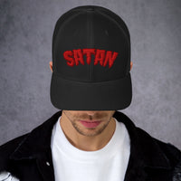 Black/ White trucker hat featuring Satan Blood Drip embroidered artwork, product image 2