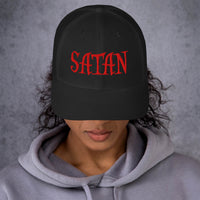 Navy trucker hat featuring Red Satan Pure Evil embroidered artwork, product image 3