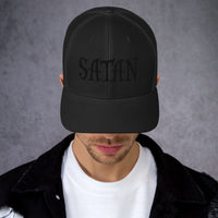 Navy trucker hat featuring Black Satan Pure Evil embroidered artwork, product image 3