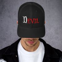 Navy trucker hat featuring The Devil Is Evil embroidered artwork, product image 3