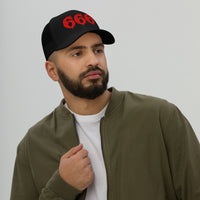Navy trucker hat featuring Red 666 embroidered artwork, product image 3
