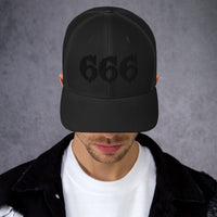 Navy trucker hat featuring Black 666 embroidered artwork, product image 3