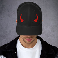 Black/ White trucker hat featuring Red Devil Horns embroidered artwork, product image 2