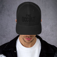 Black/ White trucker hat featuring The Occult Black embroidered artwork, product image 2