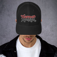 Navy trucker hat featuring HORROR embroidered artwork, product image 3