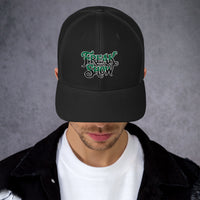 Navy trucker hat featuring Freak Show Horror Carnival embroidered artwork, product image 3