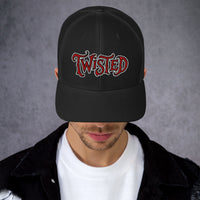 Navy trucker hat featuring Twisted Horror Carnival embroidered artwork, product image 3