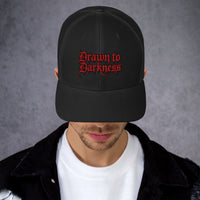Black/ White trucker hat featuring Drawn to Darkness Horror embroidered artwork, product image 2