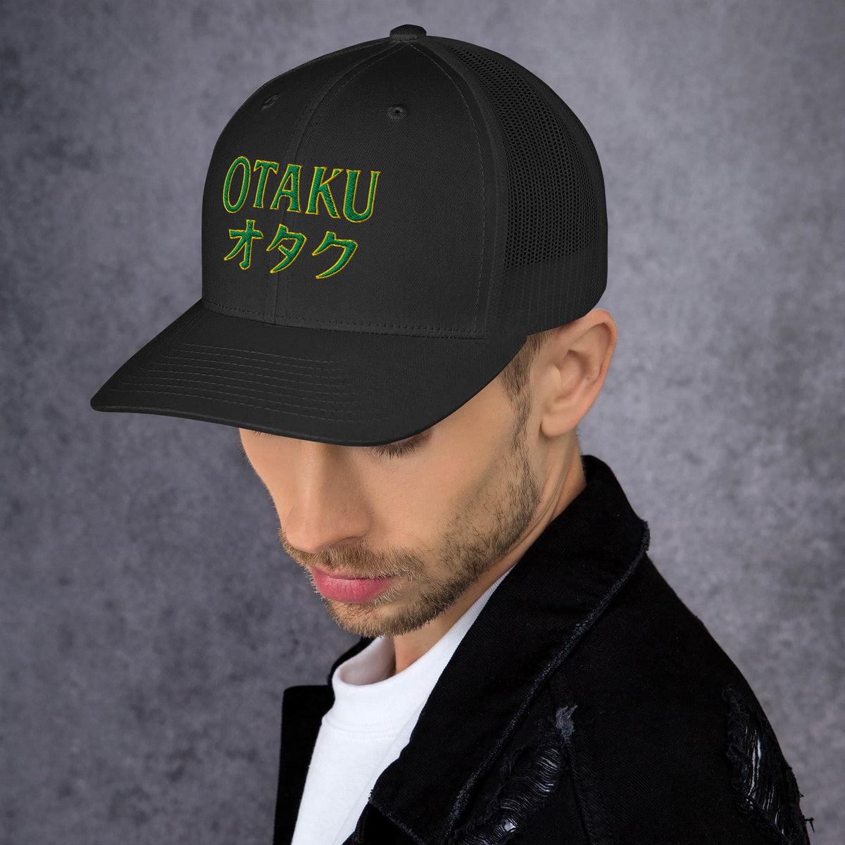 Navy trucker hat featuring Otaku オタク Japanese Culture embroidered artwork, product image 3
