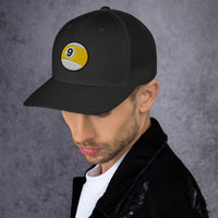 Black/ White trucker hat featuring Nine Ball Stripe Billiards embroidered artwork, product image 2