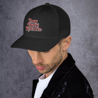 Navy trucker hat featuring Dark Truth Revealed True Crime embroidered artwork, product image 3