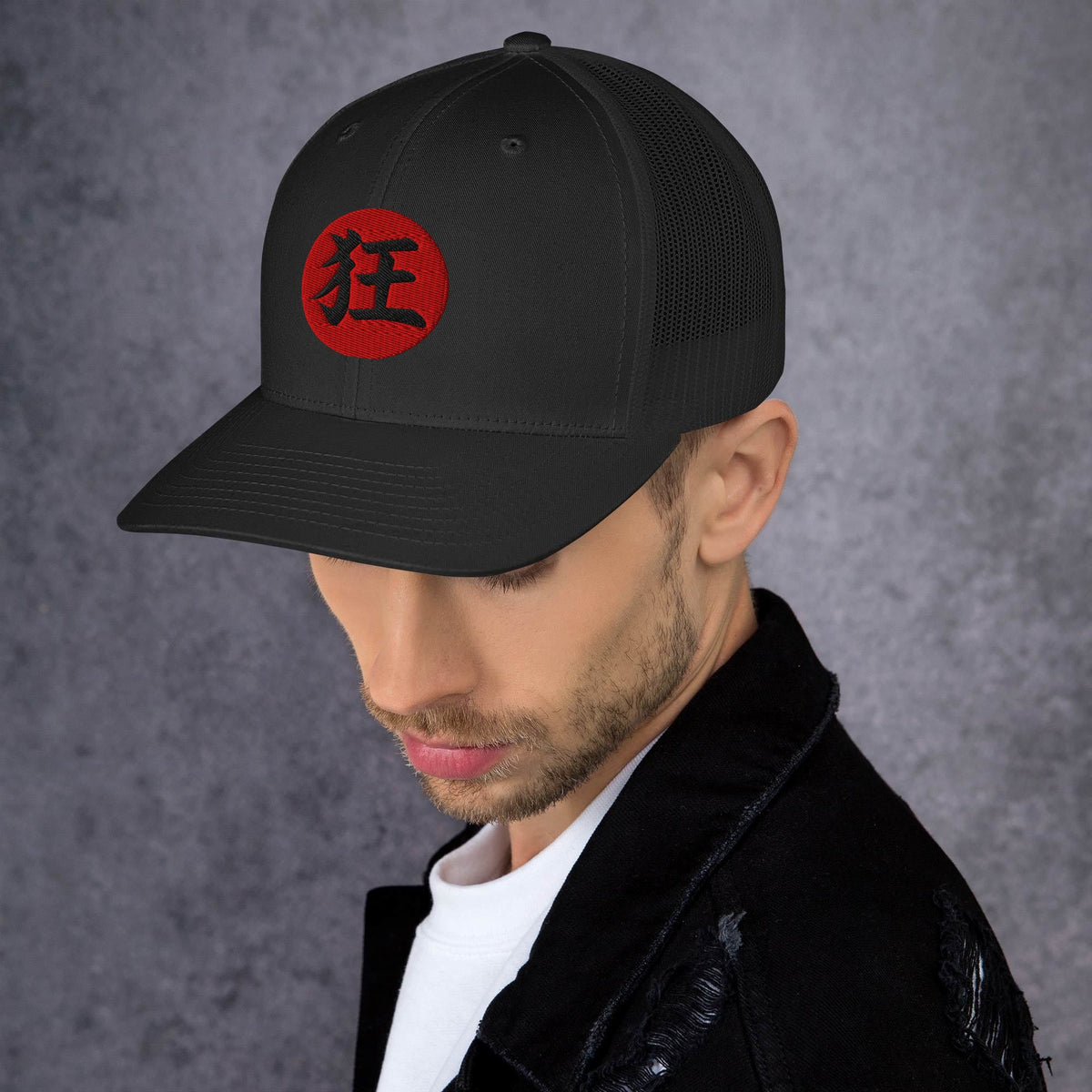 Black/ White trucker hat featuring Madness Kanji 狂 (Kyō) Trucker embroidered artwork, product image 2