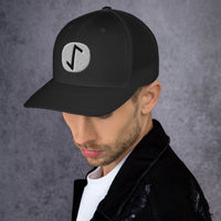 Black/ White trucker hat featuring Eihwaz Rune embroidered artwork, product image 2