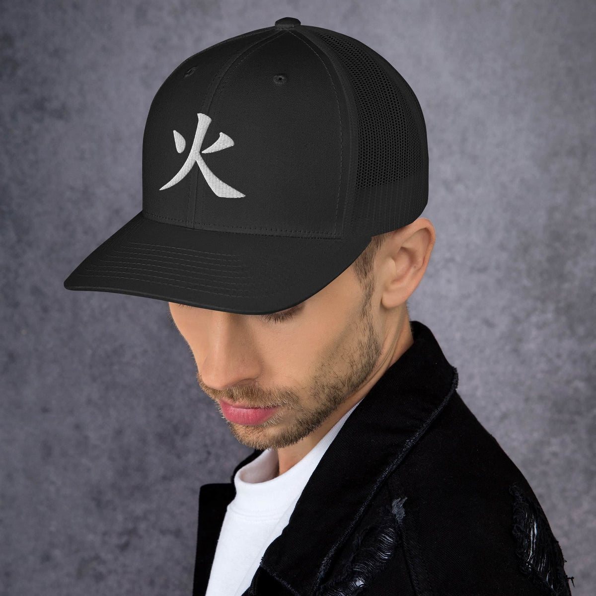 Black/ White trucker hat featuring Japanese Kanji Fire 火 embroidered artwork, product image 2