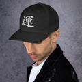 Black/ White trucker hat featuring Japanese Kanji Luck 運 embroidered artwork, product image 2