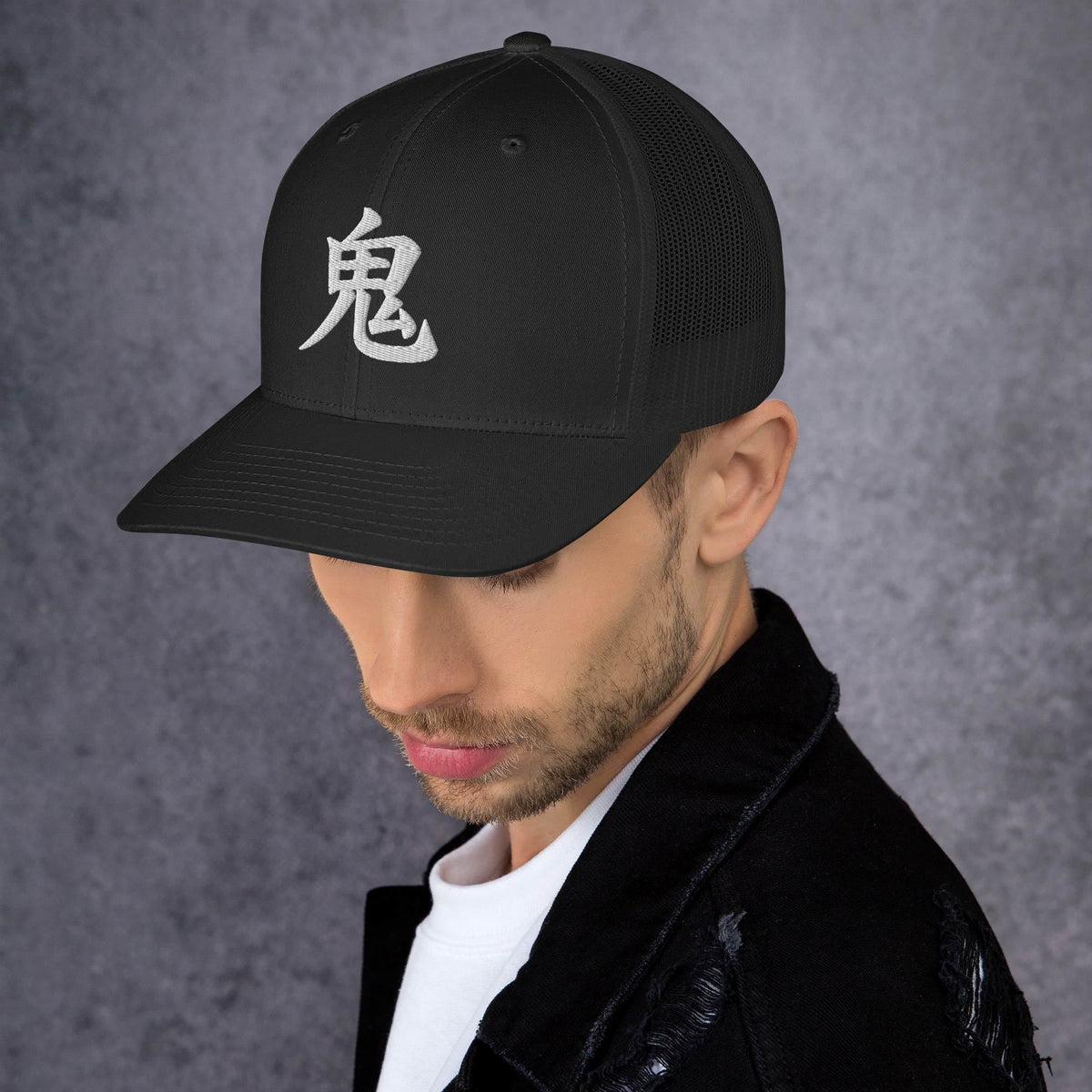 Black/ White trucker hat featuring Japanese Kanji Demon 鬼 embroidered artwork, product image 2
