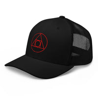 Navy trucker hat featuring Philosopher's Stone Red Alchemy Symbol embroidered artwork, product image 3