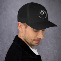 Navy trucker hat featuring Eight Ball Billiards embroidered artwork, product image 3