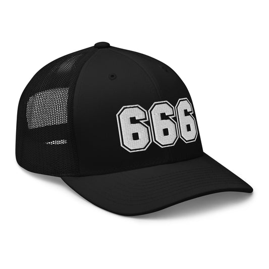 Black trucker hat featuring White 666 Number of the Beast Embroidered Retro embroidered artwork, product image 1