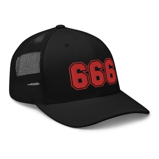 Black trucker hat featuring Red 666 Number of the Beast Embroidered Retro embroidered artwork, product image 1