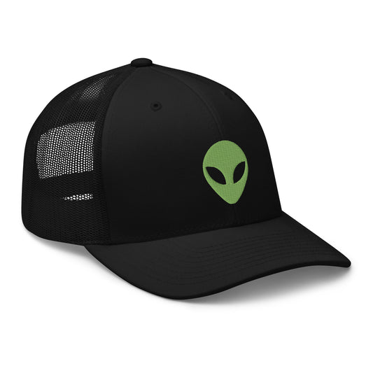 Black trucker hat featuring Alien Face Little Green Men Embroidered Retro embroidered artwork, product image 1