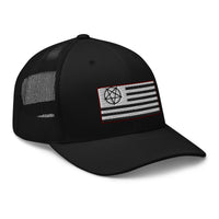 Navy trucker hat featuring American Satanist Pentagram U.S. Flag embroidered artwork, product image 3
