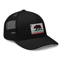Black trucker hat featuring California U.S. State Flag Embroidered Retro embroidered artwork, product image 1