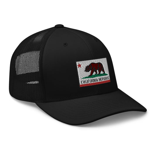 Black trucker hat featuring California U.S. State Flag Embroidered Retro embroidered artwork, product image 1