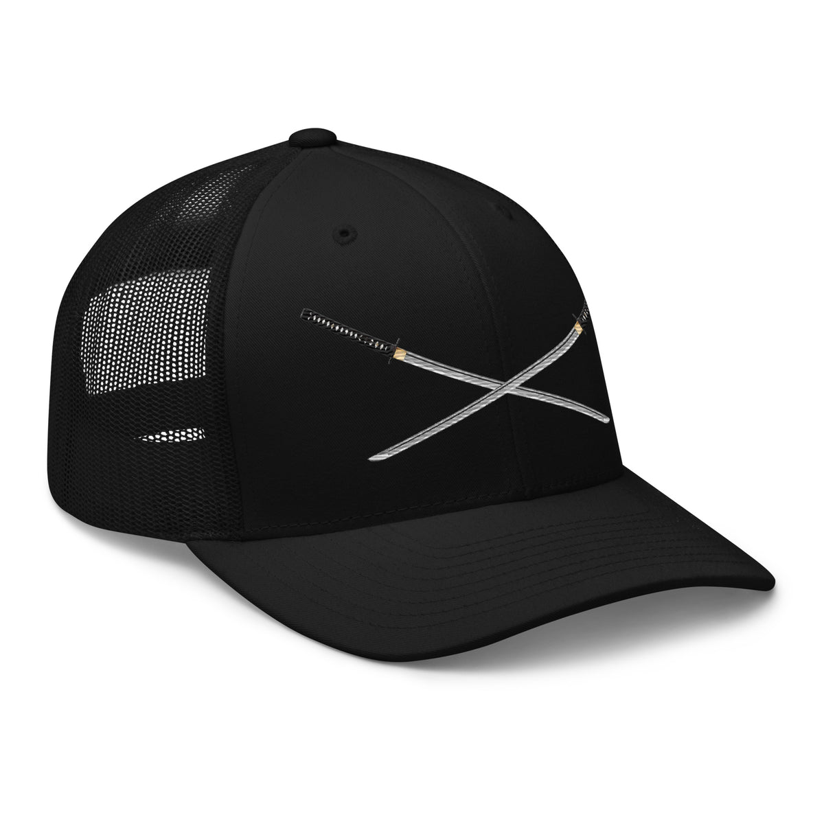 Navy trucker hat featuring Dual Samurai Swords Anime Warrior embroidered artwork, product image 3