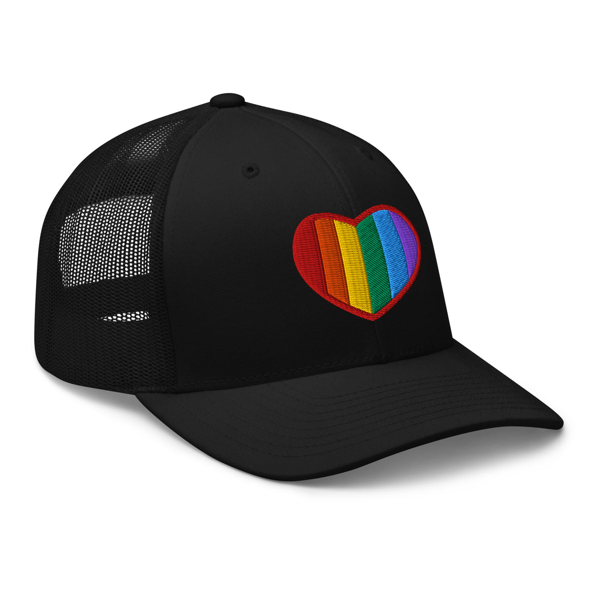 Navy trucker hat featuring Gay Pride Rainbow Colors Heart embroidered artwork, product image 3