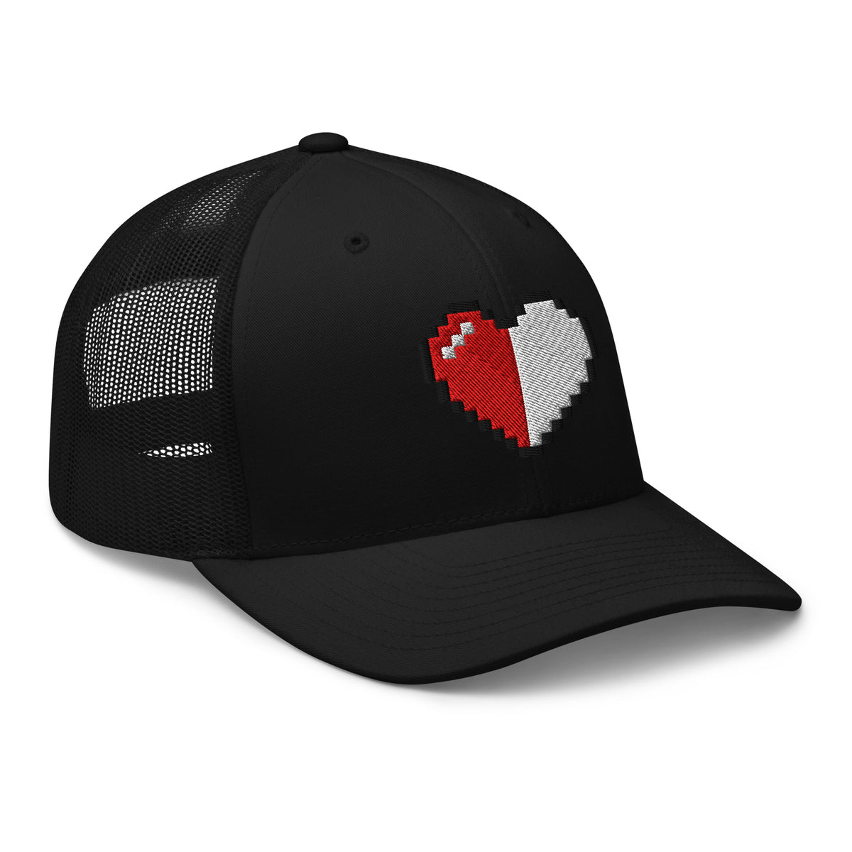 Navy trucker hat featuring Retro 8 Bit Video Game Pixelated Half Life Heart embroidered artwork, product image 3