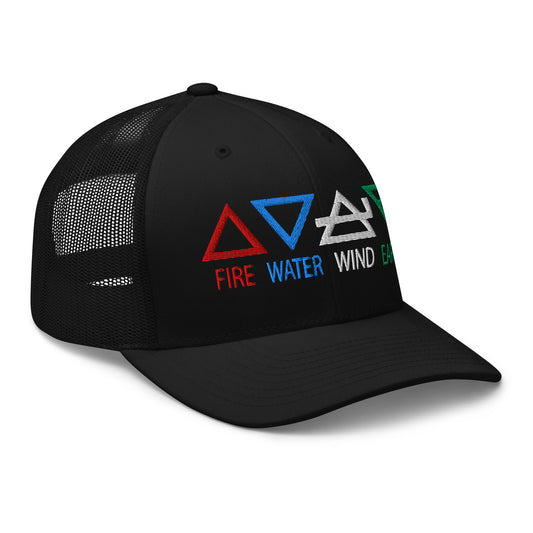 Black trucker hat featuring Four Elements of Matter: Fire, Water, Wind, Earth embroidered artwork, product image 1