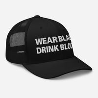 Black/ White trucker hat featuring Wear Black Drink Blood embroidered artwork, product image 2