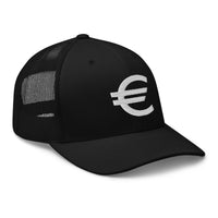 Black trucker hat featuring Euro Currency Money Symbol embroidered artwork, product image 1