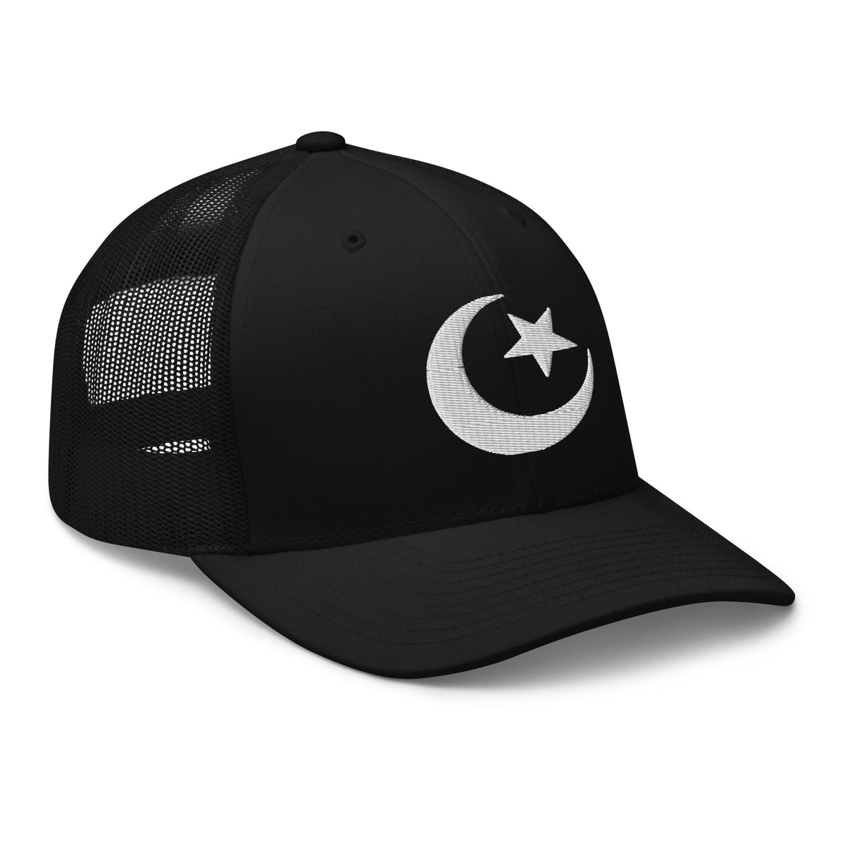 Navy trucker hat featuring Star and Crescent Moon White Ancient Symbol embroidered artwork, product image 3