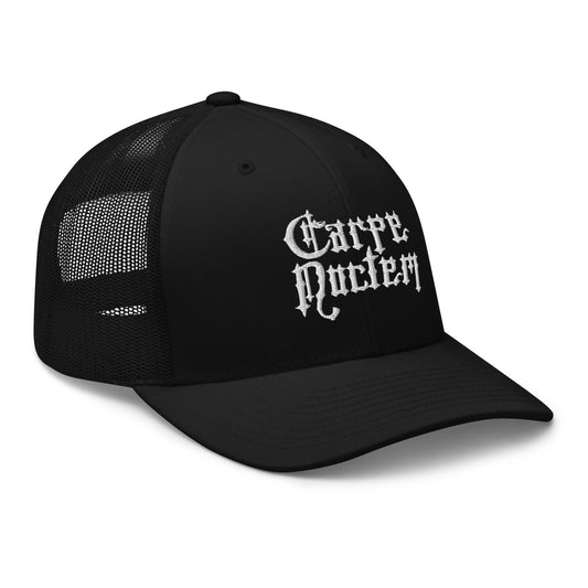 Black trucker hat featuring Carpe Noctem White Seize The Night Vampire embroidered artwork, product image 1