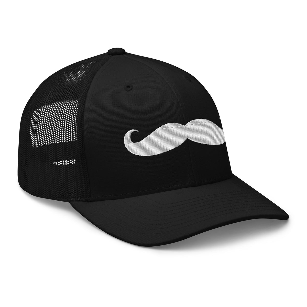 Black trucker hat featuring Wild West Handlebar Mustache embroidered artwork, product image 1